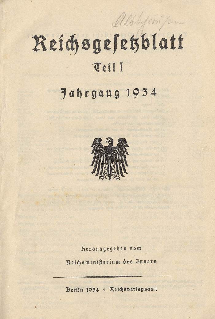 Bild zum Dokument Reichsgesetzblatt, Teil I, Jahrgang 1934