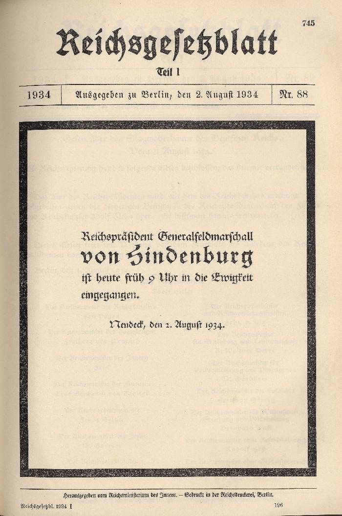Bild zum Dokument Todesanzeige von Hindenburg