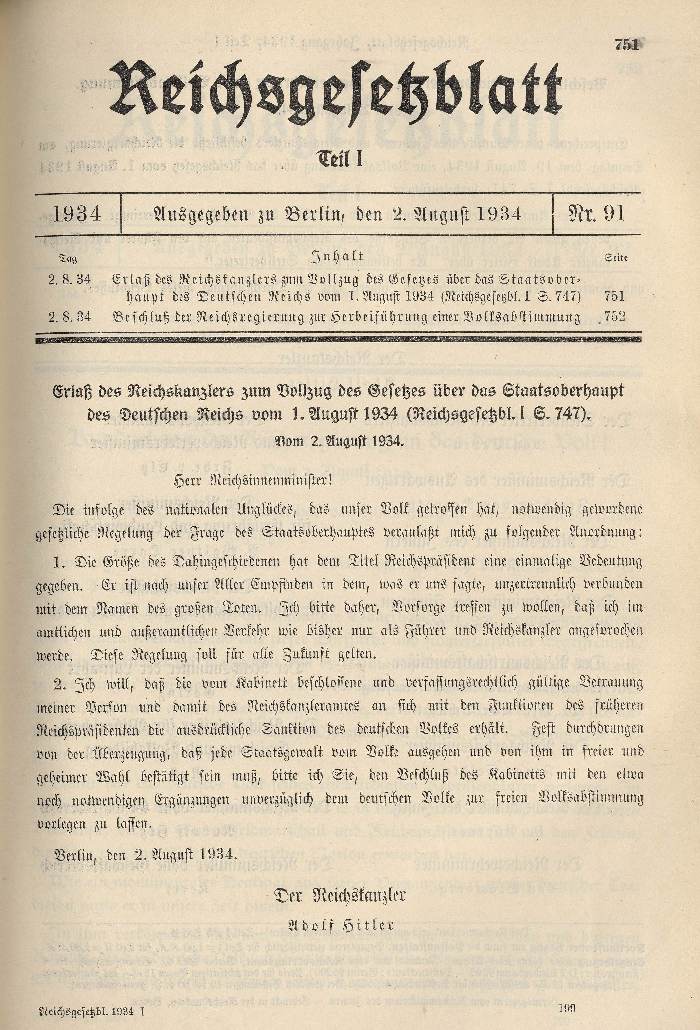Bild zum Dokument Erlaß des Reichskanzlers zum Vollzug des Gesetzes über Staatso