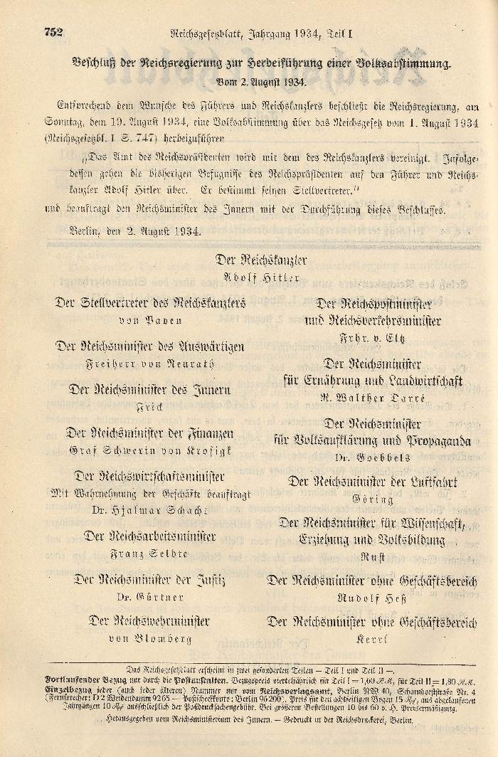 Bild zum Dokument Erlaß der Reichsregierung zur Herbeiführung einer Volksabstimm