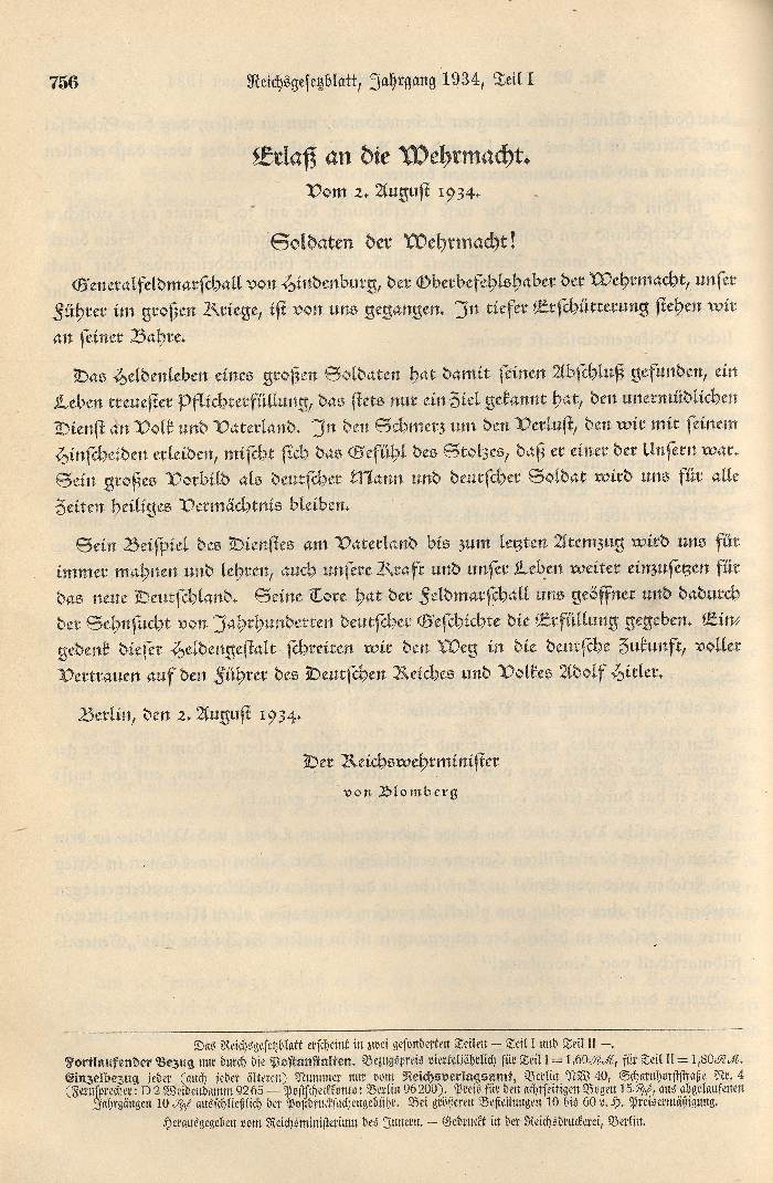 Bild zum Dokument Erlaß an die Wehrmacht