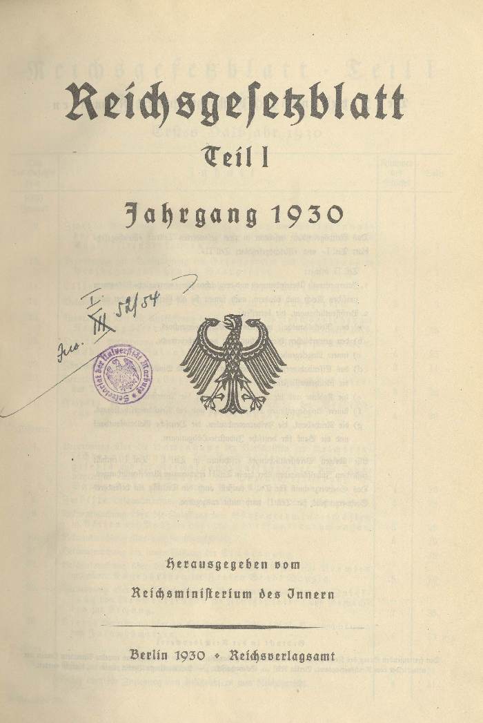 Bild zum Dokument Reichsgesetzblatt, Teil 1, Jahrgang 1930