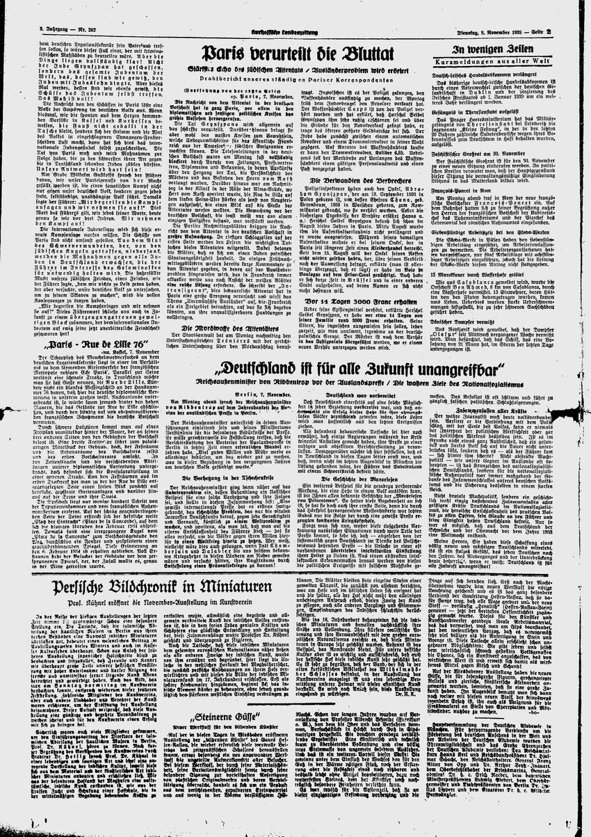 Kurhessische Landeszeitung: „Judenüberfall auf deutsche Botschaft. Legationssekretär wurde in Paris durch Schüsse schwer verletzt  ... "  „Spontane Kurhessen-Demonstration“, 8. November 1938