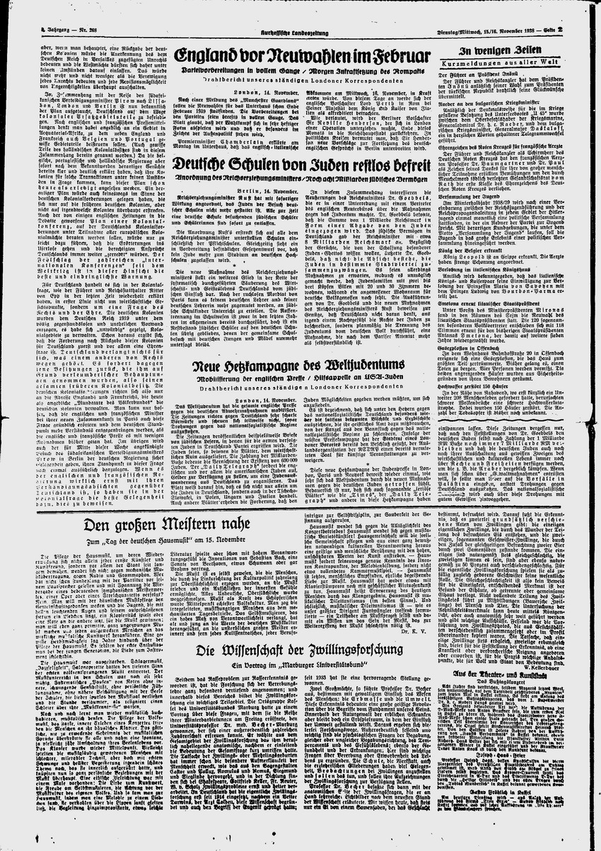 Kurhessische Landeszeitung:  „Deutsche Schulen von Juden restlos befreit“,  15./16. November 1938