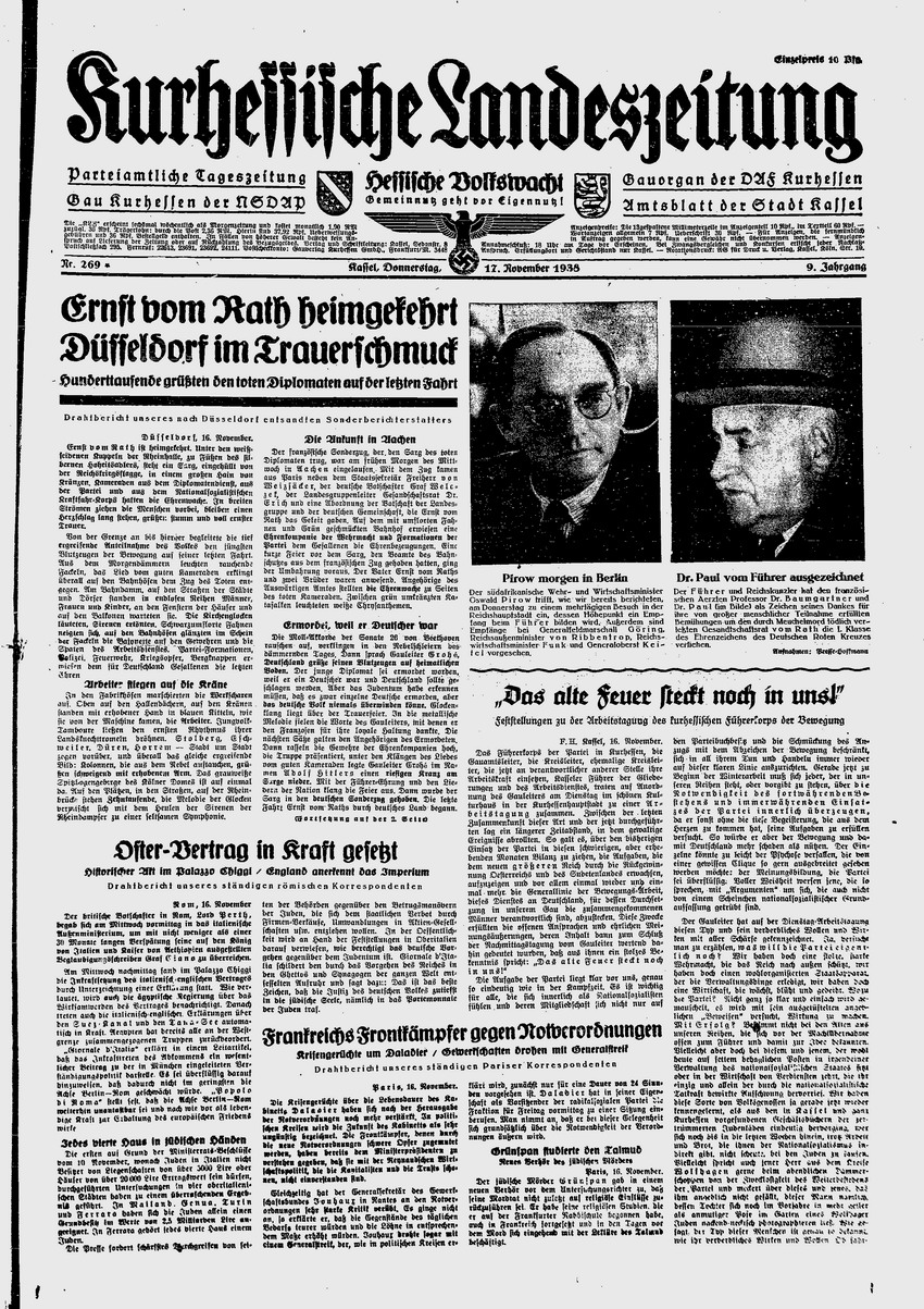 Kurhessische Landeszeitung: Ernst vom Rath heimgekehrt",  17. November 1938
