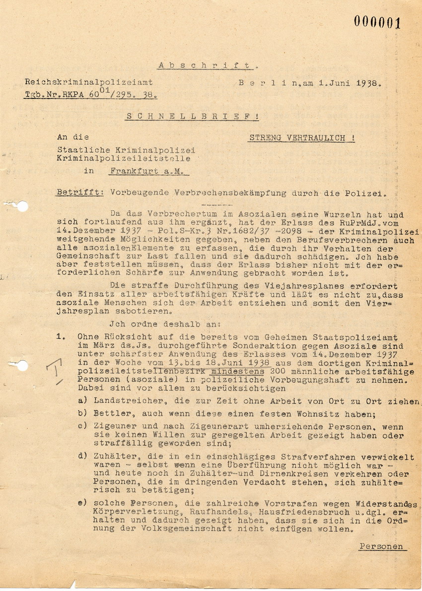 Abschrift einer Verfügung des Reichskriminalamts an die Staatliche Kriminalpolizeistelle in Kassel, bzgl. Vorbeugender Verbrechensbekämpfung, 1. Juni 1938