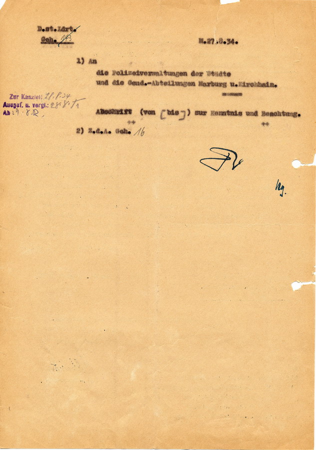 Heydrich informiert alle Staatspolizeistellen über geplante jüdische Haussammlung für die Opfer der polnischen Überschwemmungsgebiete und über die Unrechtmäßigkeit derselben, 10.08.1934.