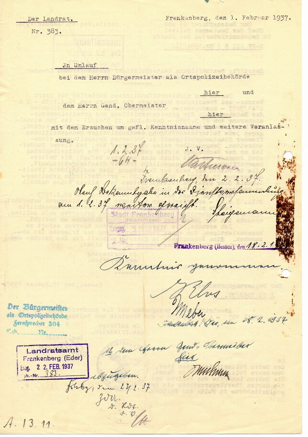 Schreiben des Vertreters des Reichsführers SS als Chef der deutschen Polizei Heydrich an die Regierungspräsidenten. Hinweis auf genaue Auslegung der Verfügung zur Beschäftigung von weibl. Hausangestellten, 13. Januar 1937