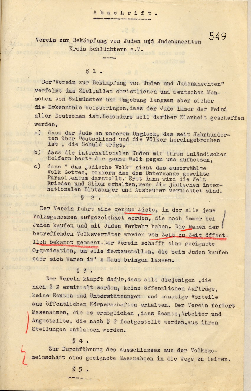 Statuten (1) Bild zum Dokument Statuten des "Vereins zur Bekämpfung von Juden und Judenknecht
