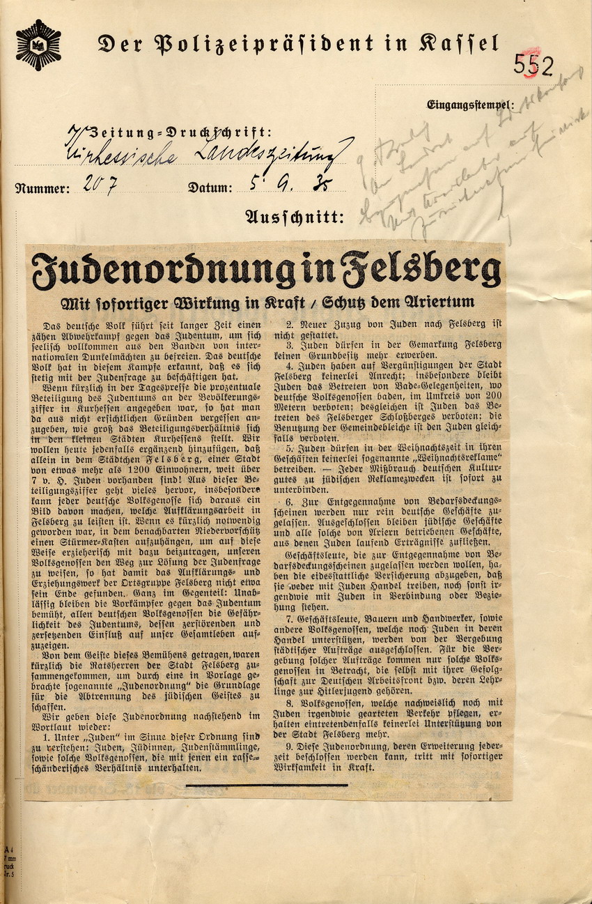 Kurhessische Landeszeitung Nr. 207 Bild zum Dokument Zeitungsartikel in der Kurhessischen Landeszeitung "Judenordnu