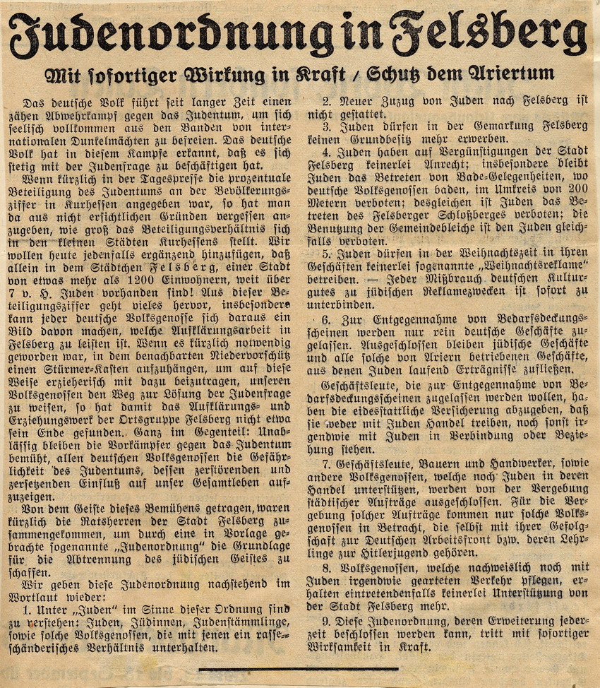 Ausschnitt Kurhessische Landeszeitung Nr. 207 Bild zum Dokument Zeitungsartikel in der Kurhessischen Landeszeitung "Judenordnu