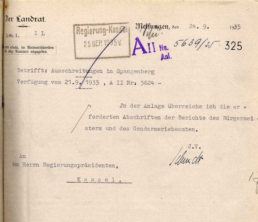 Aussage des Gendarmerie Polizeihauptwachtmeisters Huber betreffend die Ausschreitungen gegen jüdische Mitbürger in Spangenberg vom 15./16.09 1935, als Anlage eines Schreibens des Melsunger Landrates an den Reg. präs. Kassel, Melsungen 24. September 1935
