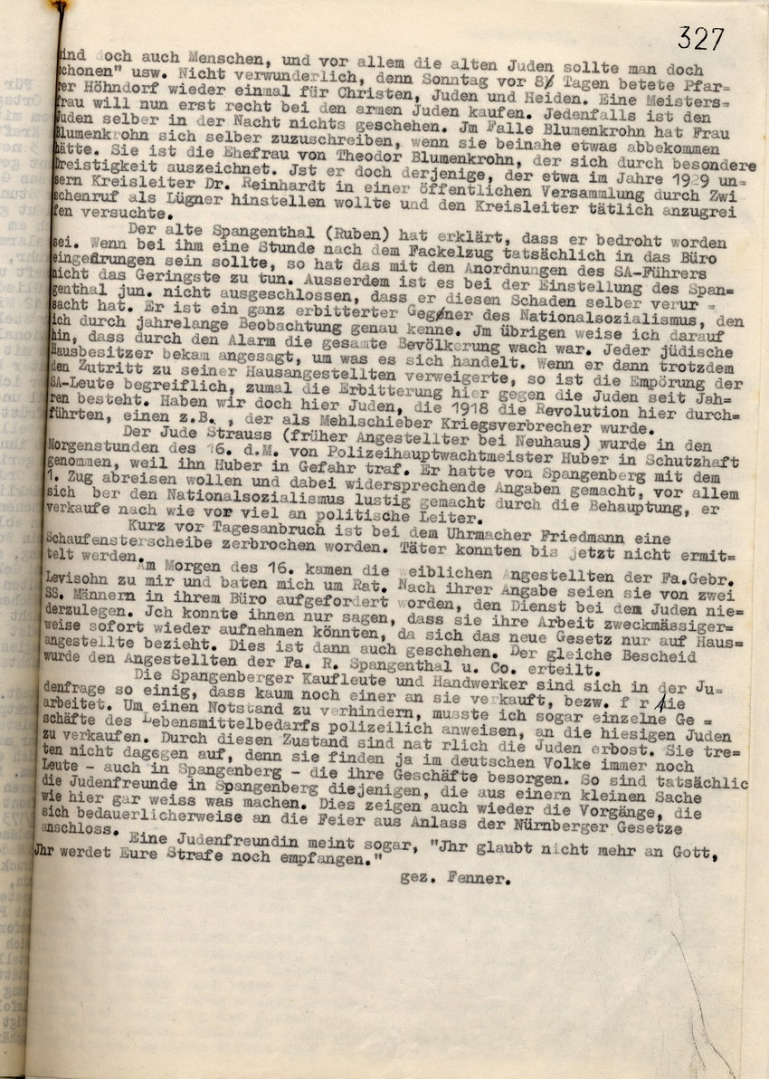 Bericht des Ortsgruppenleiters und Bürgermeisters Fenner über die Ausschreitungen gegen jüdische Mitbürger in Spangenberg vom 15. / 16. September 1935, im Schreiben des Landrates Melsungen an den Regierungspräsidenten in Kassel, 18. September 1935