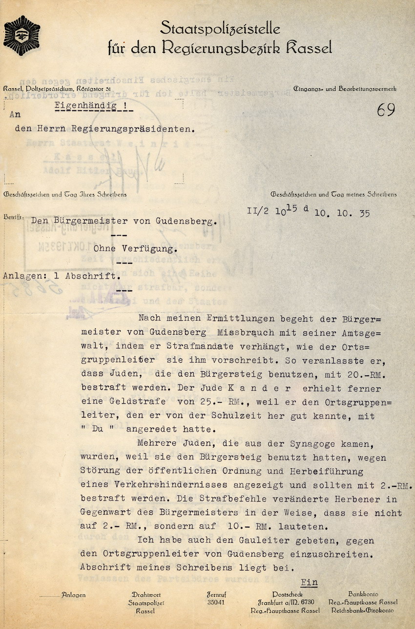 Beschwerde der Staatspolizeistelle Kassel über zunehmende Misshandlungen von jüdischen Mitbürgern in Gudensberg durch den Ortsgruppenleiter Herbener. Kassel, 10. Oktober 1935