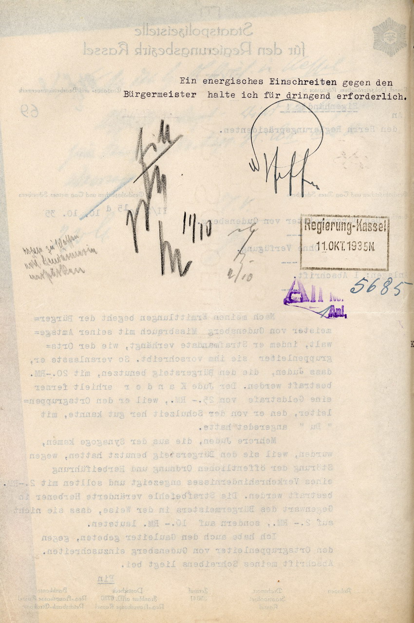 Beschwerde der Staatspolizeistelle Kassel über zunehmende Misshandlungen von jüdischen Mitbürgern in Gudensberg durch den Ortsgruppenleiter Herbener. Kassel, 10. Oktober 1935