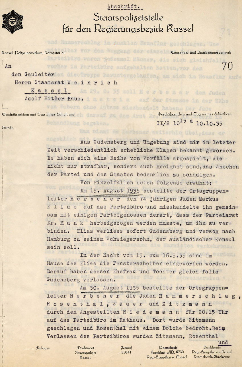 Beschwerde der Staatspolizeistelle Kassel über zunehmende Misshandlungen von jüdischen Mitbürgern in Gudensberg durch den Ortsgruppenleiter Herbener. Kassel, 10. Oktober 1935