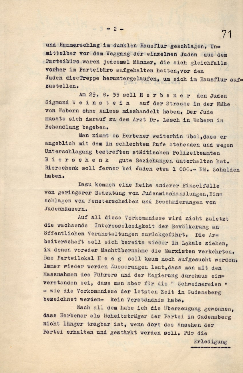 Beschwerde der Staatspolizeistelle Kassel über zunehmende Misshandlungen von jüdischen Mitbürgern in Gudensberg durch den Ortsgruppenleiter Herbener. Kassel, 10. Oktober 1935