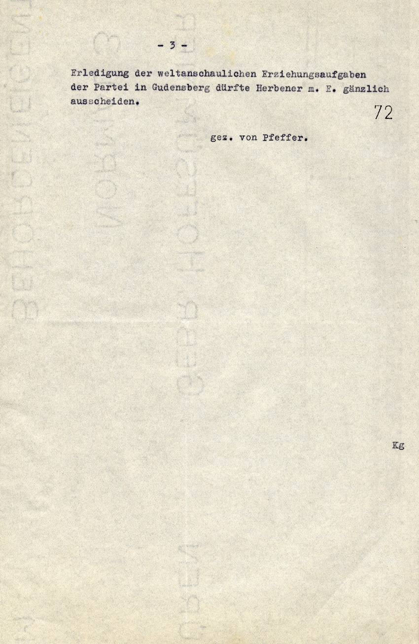 Beschwerde der Staatspolizeistelle Kassel über zunehmende Misshandlungen von jüdischen Mitbürgern in Gudensberg durch den Ortsgruppenleiter Herbener. Kassel, 10. Oktober 1935