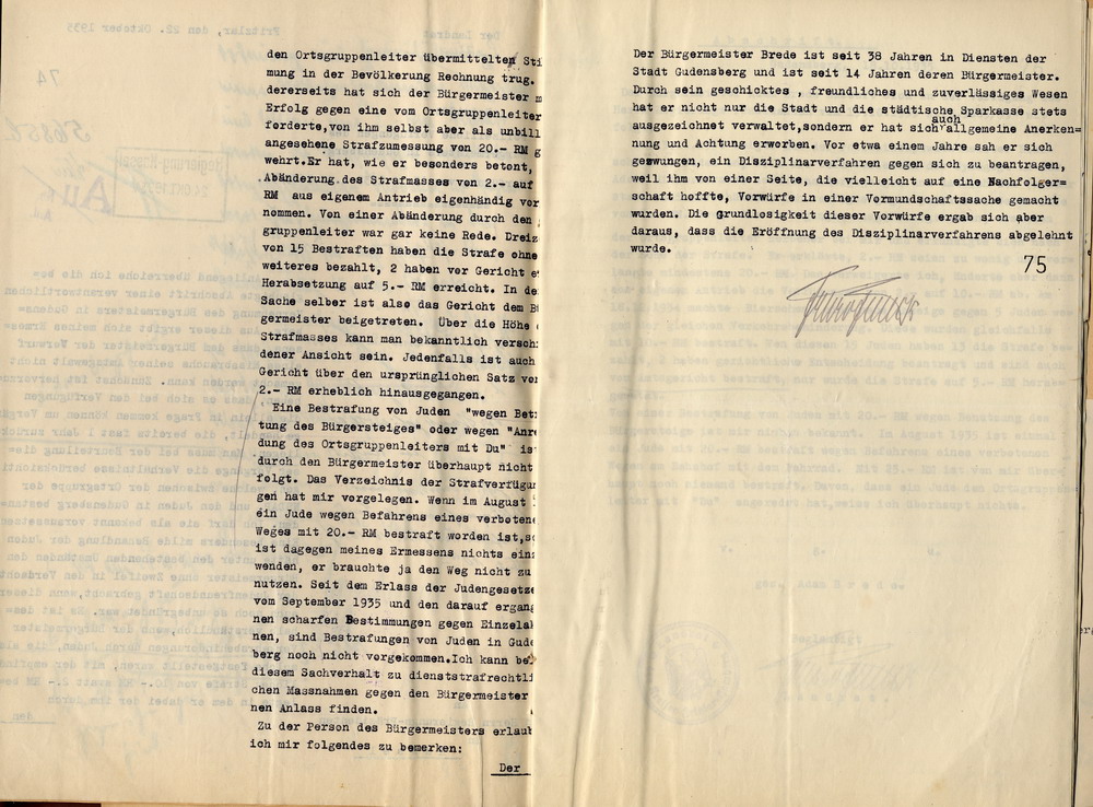 Reaktion des Landrates auf die Beschwerde gegen den Bürgermeister von Gudensberg, Adam Brede, wegen Amtsmissbrauch und Diskriminierung von jüdischen Einwohnern. Fritzlar, 22. Oktober 1935