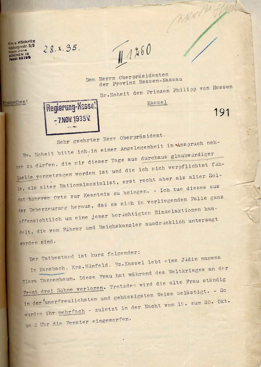 Beschwerde des Freiherrn von Köckritz über die Diskriminierung der jüdischen Familie Tannenbaum in Mansbach an den Oberpräsidenten der Provinz Hessen-Nassau, Prinzen Philipp von Hessen München, 28. Oktober 1935