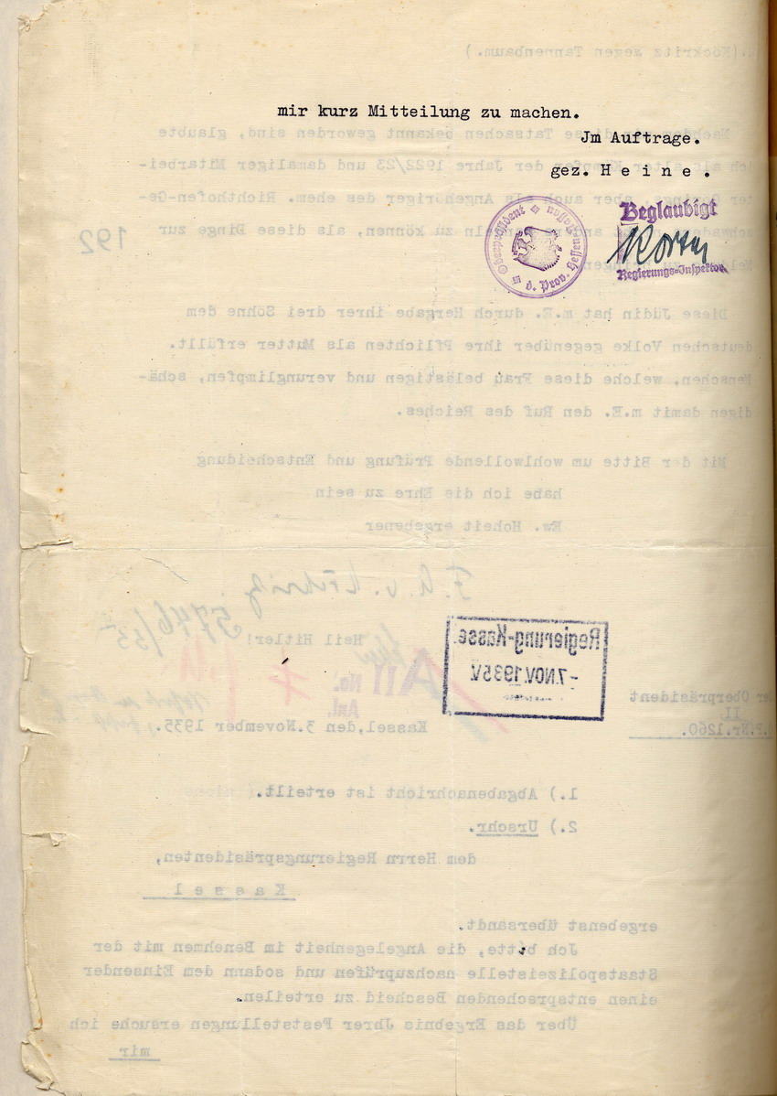 Beschwerde des Freiherrn von Köckritz über die Diskriminierung der jüdischen Familie Tannenbaum in Mansbach an den Oberpräsidenten der Provinz Hessen-Nassau, Prinzen Philipp von Hessen München, 28. Oktober 1935