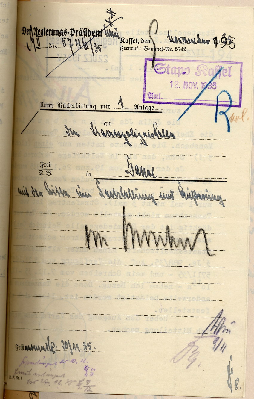 Bericht der Staatspolizeistelle Kassel an den Regierungspräsidenten in Kassel betreffend die Übergriffe gegen die  jüdische Familie Tannenbaum in Mansbach. Kassel, 20. Dezember 1935