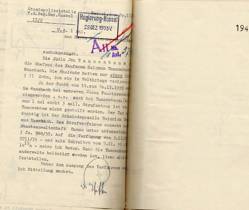Bericht der Staatspolizeistelle Kassel an den Regierungspräsidenten in Kassel betreffend die Übergriffe gegen die  jüdische Familie Tannenbaum in Mansbach. Kassel, 20. Dezember 1935