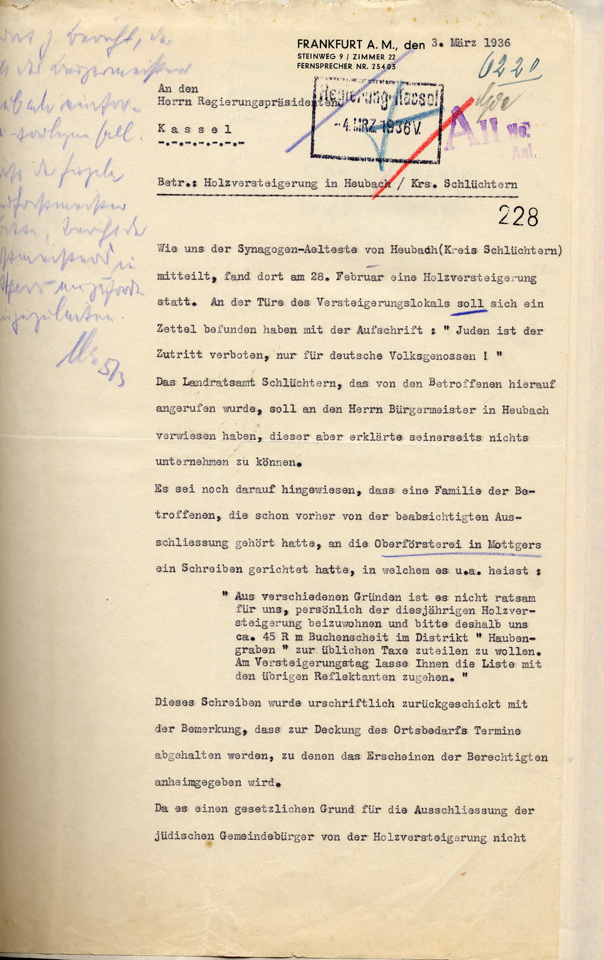 Beschwerde des Centralvereins deutscher Staatsbürger jüdischen Glaubens an den Regierungspräsidenten in Kassel betreffend Holzversteigerung. Frankfurt a.M., 03. März 1936