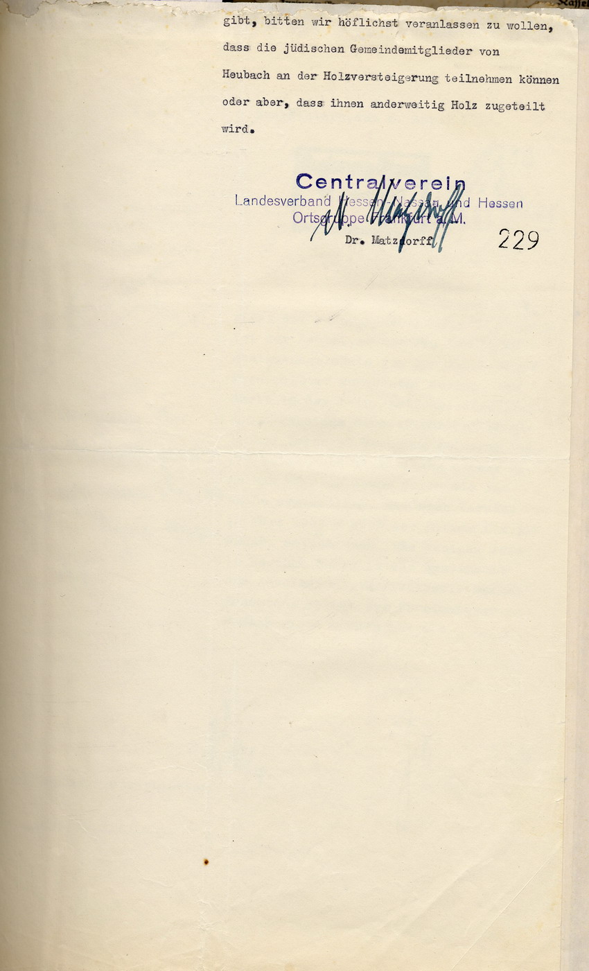 Beschwerde des Centralvereins deutscher Staatsbürger jüdischen Glaubens an den Regierungspräsidenten in Kassel betreffend Holzversteigerung. Frankfurt a.M., 03. März 1936
