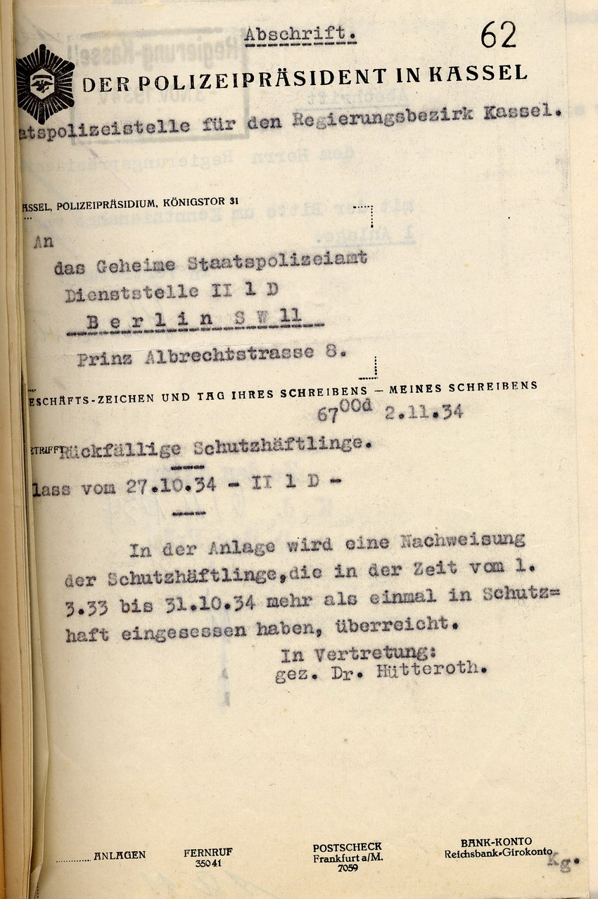 Anschreiben Nachweisung Schutzhaft Bild zum Dokument Nachweisung der Staatspolizeistelle über die Schutzhäftlinge,