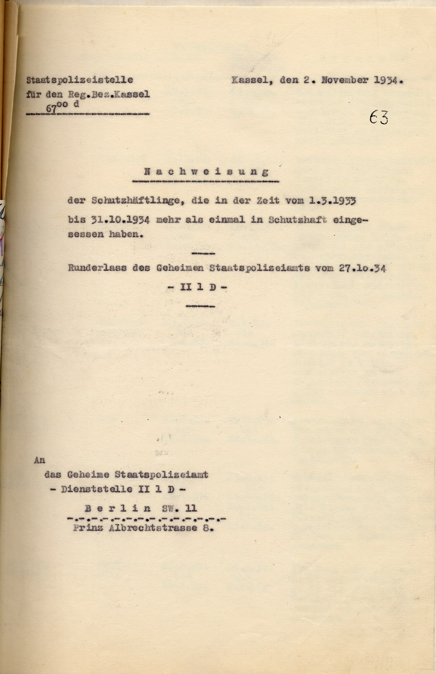 Deckblatt Nachweisung Schutzhaft Bild zum Dokument Nachweisung der Staatspolizeistelle über die Schutzhäftlinge,