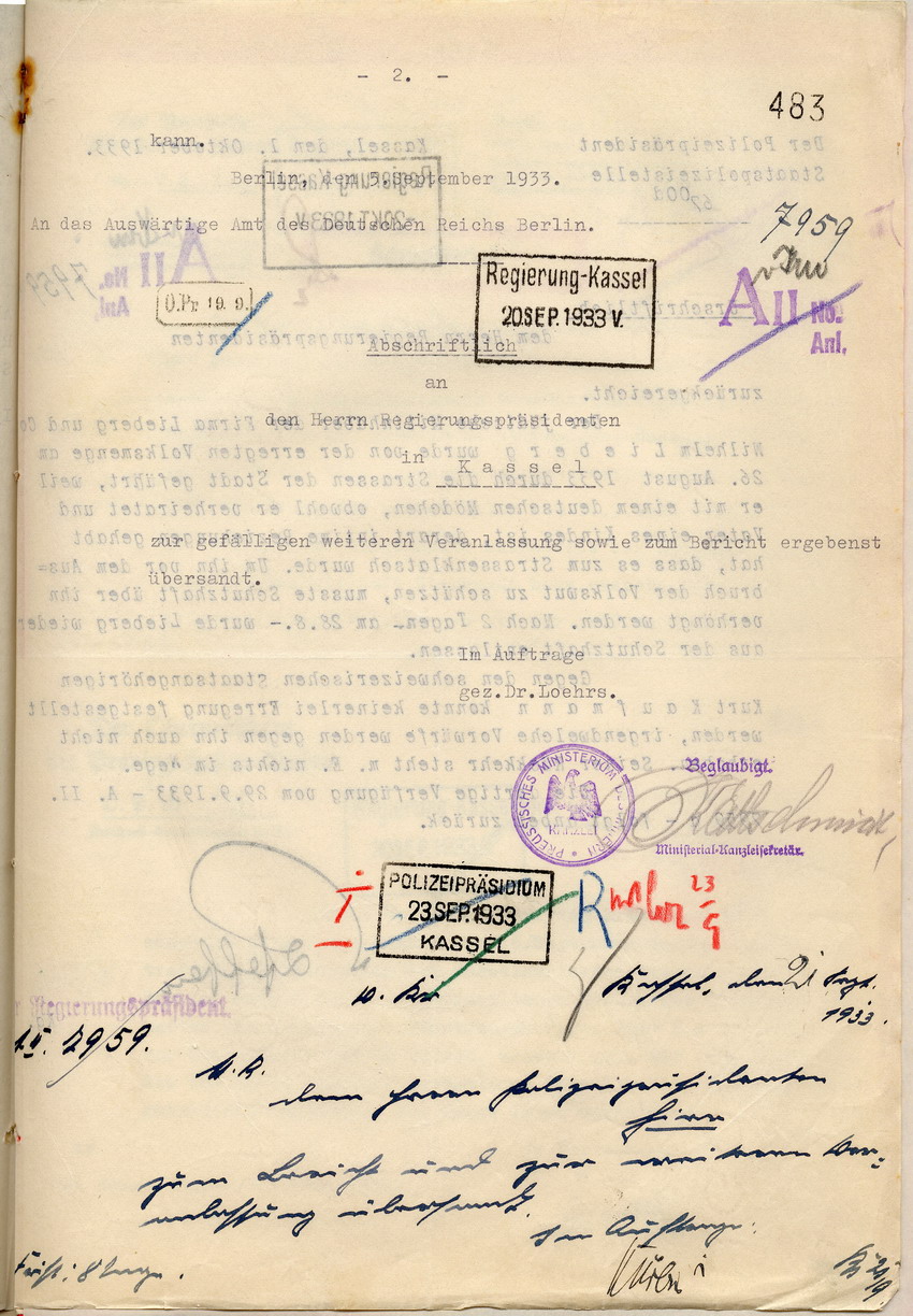 Antwort des Polizeipräsidenten auf die Anfrage der Schweizerischen Gesandtschaft für den Schweizer jüdischer Konfession Kurt Kaufmann. Kassel, 1. Oktober 1933
