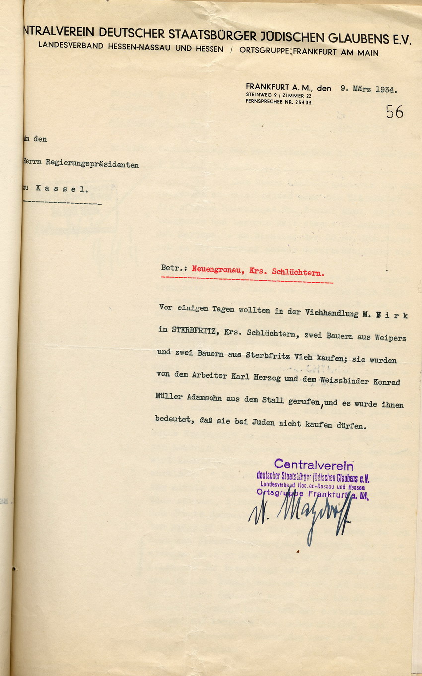 Eingabe Neuengronau Bild zum Dokument Eingabe des Centralvereins deutscher Staatsbürger jüdischen Gl