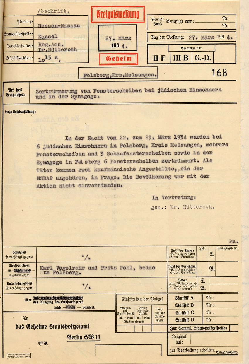 Ereignismeldung Bild zum Dokument Ereignismeldung des Regierungsassessors über die Zertrümmerung