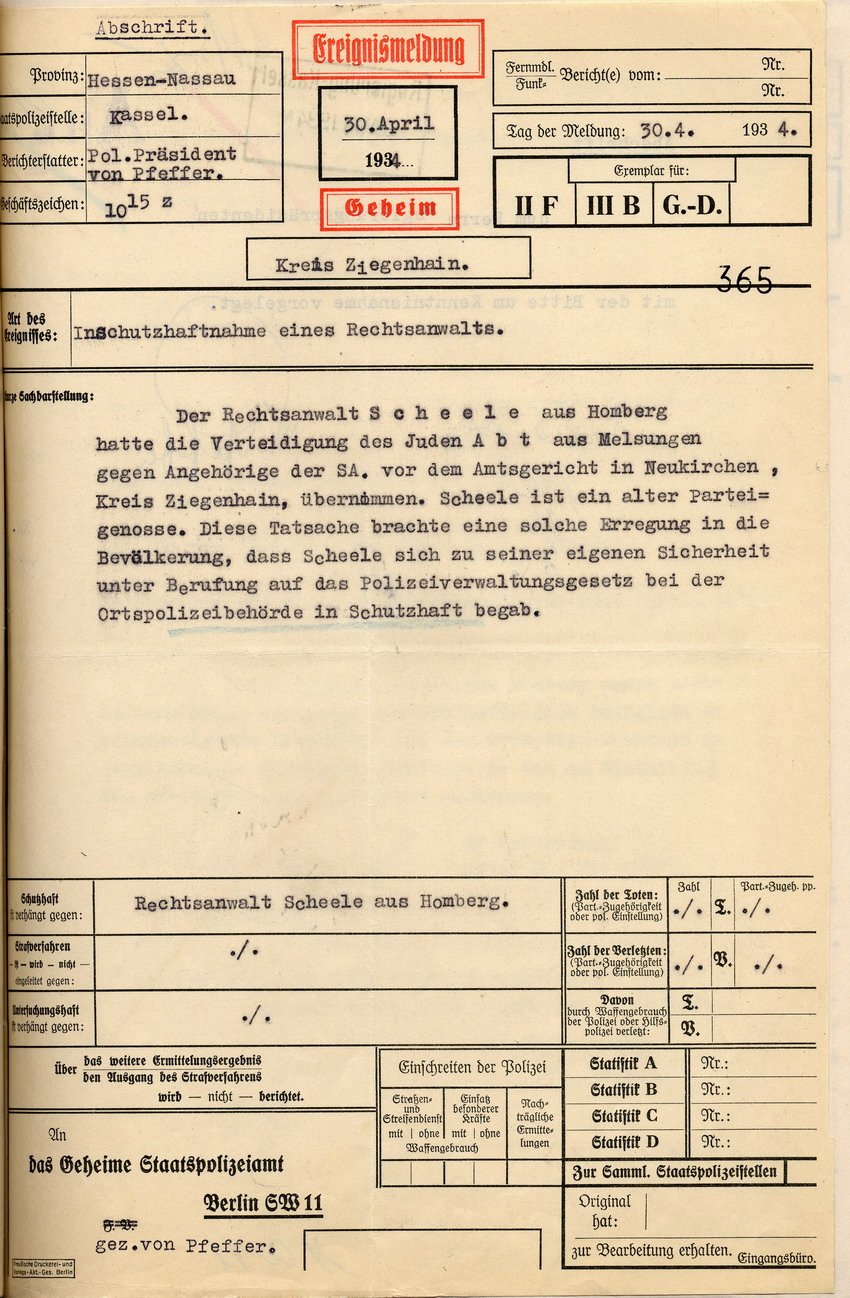 Ereignismeldung Bild zum Dokument Ereignismeldung des Polizeipräsidenten zur Inschutzhaftnahme d