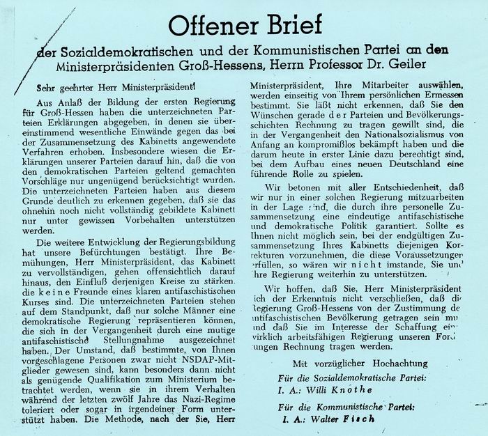 Bild zum Dokument Offener Brief: der SPD und KPD an den Ministerpräsidenten Groß