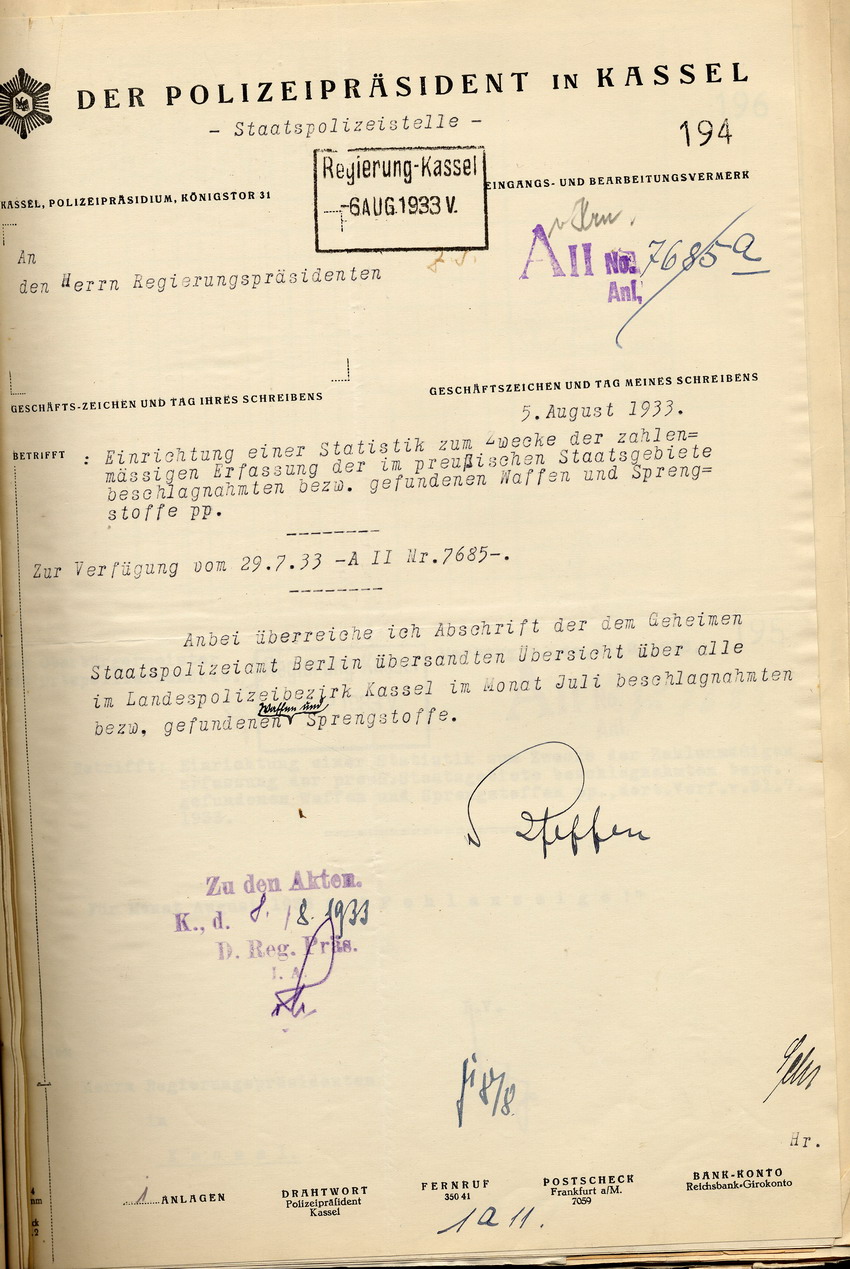 Übersicht des Polizeipräsidenten über die beschlagnahmten bzw. gefundenen Waffen und Sprengstoffe in der Provinz Hessen-Nassau, Staatspolizeistelle Kassel, für den Monat Juli 1933. Kassel, 5. August 1933