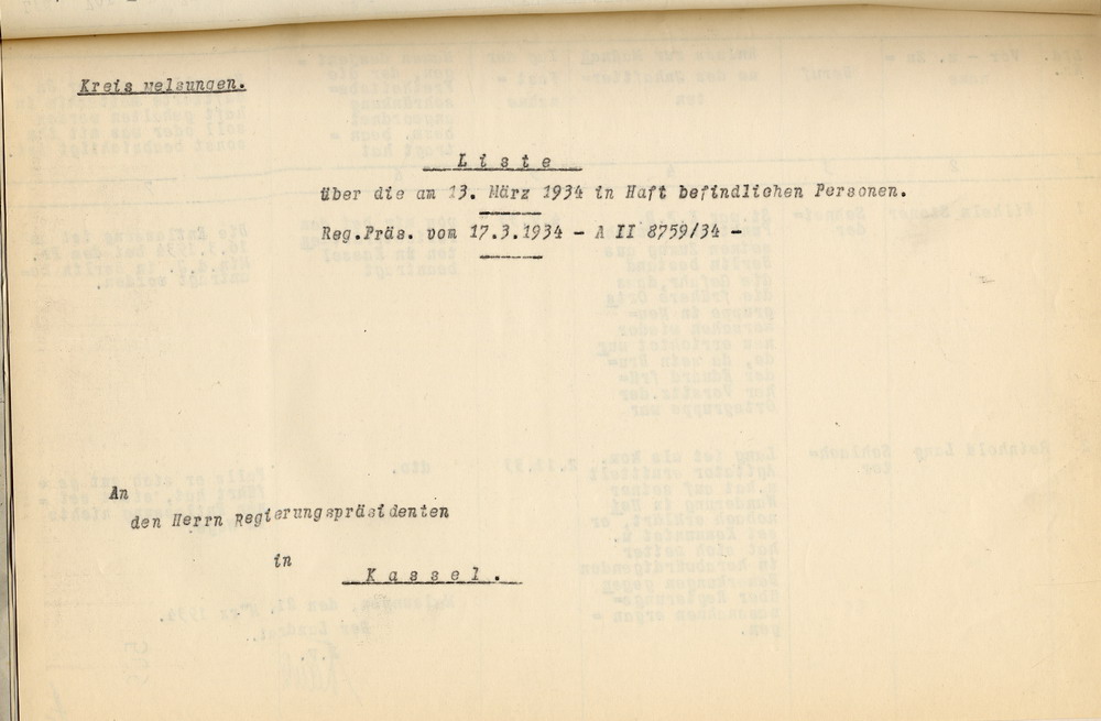Deckblatt Nachweisung Häftlinge Bild zum Dokument Landrat: Nachweisung der am 13. März 1934 in Haft befindlich g