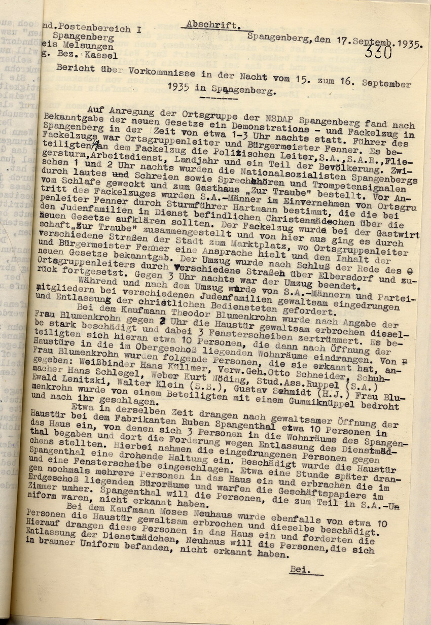 Bericht des Gendarmerie Polizeihauptwachtmeisters Schade über die Ausschreitungen gegen jüdische Mitbürger in Spangenberg in der Nacht vom 15. auf den 16. September 1935, Spangenberg, 17. September 1935