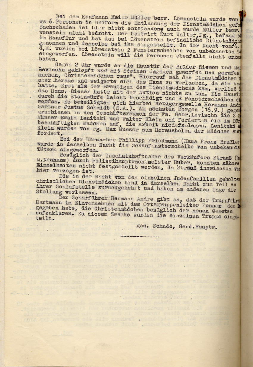 Bericht des Gendarmerie Polizeihauptwachtmeisters Schade über die Ausschreitungen gegen jüdische Mitbürger in Spangenberg in der Nacht vom 15. auf den 16. September 1935, Spangenberg, 17. September 1935