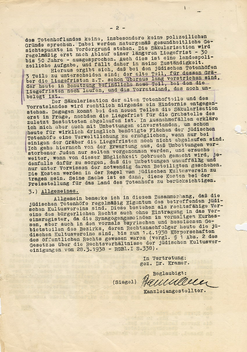 Schreiben des Regierungspräsidenten in Kassel u.a. an die Landräte und diverse Oberbürgermeister des Bezirks Kassels betreffend die Schließung und Säkularisation jüdischer Totenhöfe, 15. Juni 1940