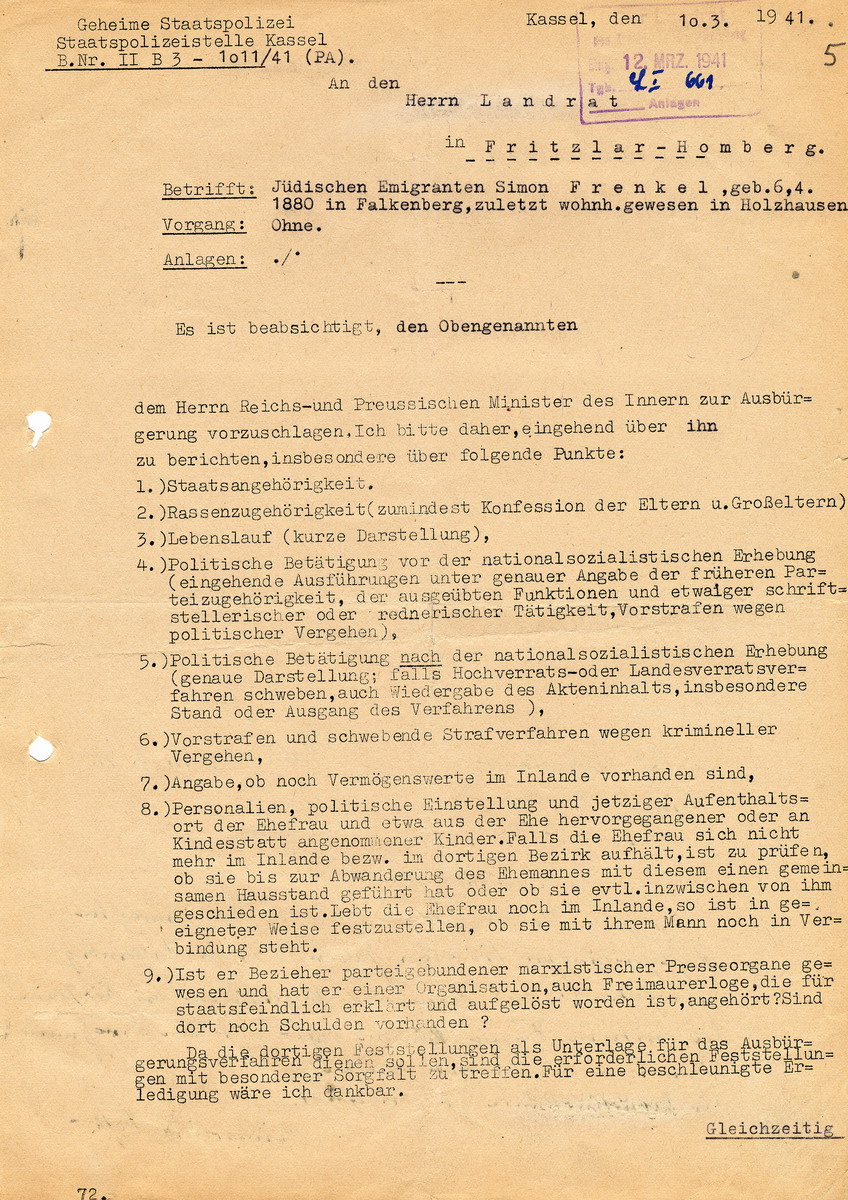 Staatspolizeistelle Kassel an den Landrat in Fritzlar-Homberg. Persönliche Datenerfassung des jüdischen Emigranten Simon Frenkels betreffend Ausbürgerung, Kassel, 10. März 1941