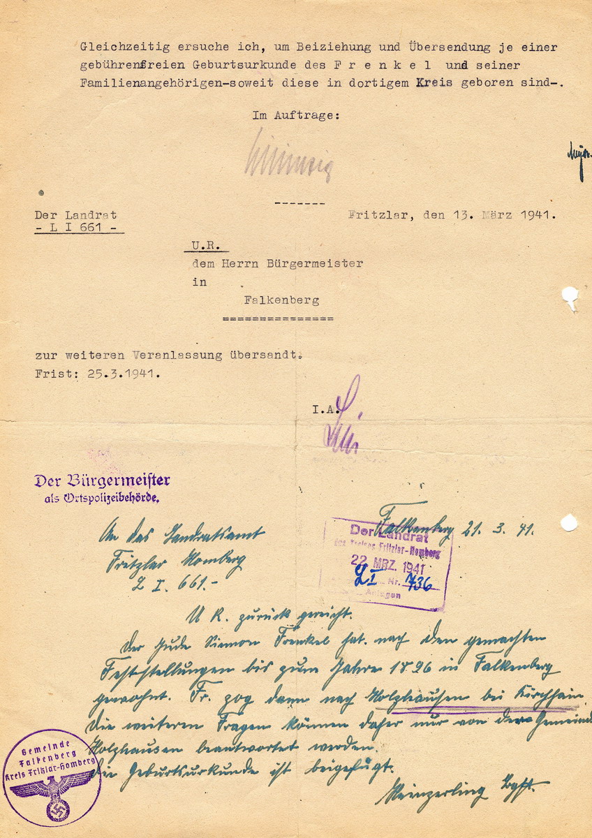 Staatspolizeistelle Kassel an den Landrat in Fritzlar-Homberg. Persönliche Datenerfassung des jüdischen Emigranten Simon Frenkels betreffend Ausbürgerung, Kassel, 10. März 1941