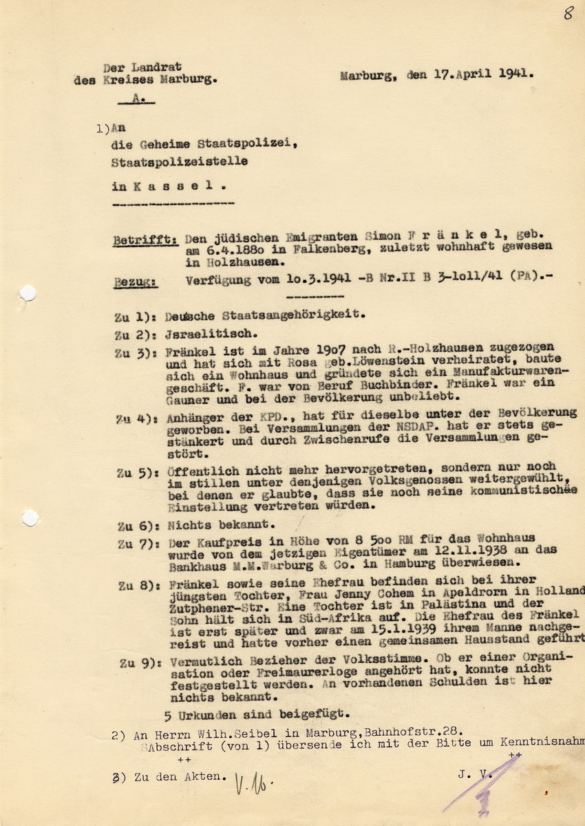 Staatspolizeistelle Kassel an den Landrat in Fritzlar-Homberg. Persönliche Datenerfassung des jüdischen Emigranten Simon Frenkels betreffend Ausbürgerung, Kassel, 10. März 1941