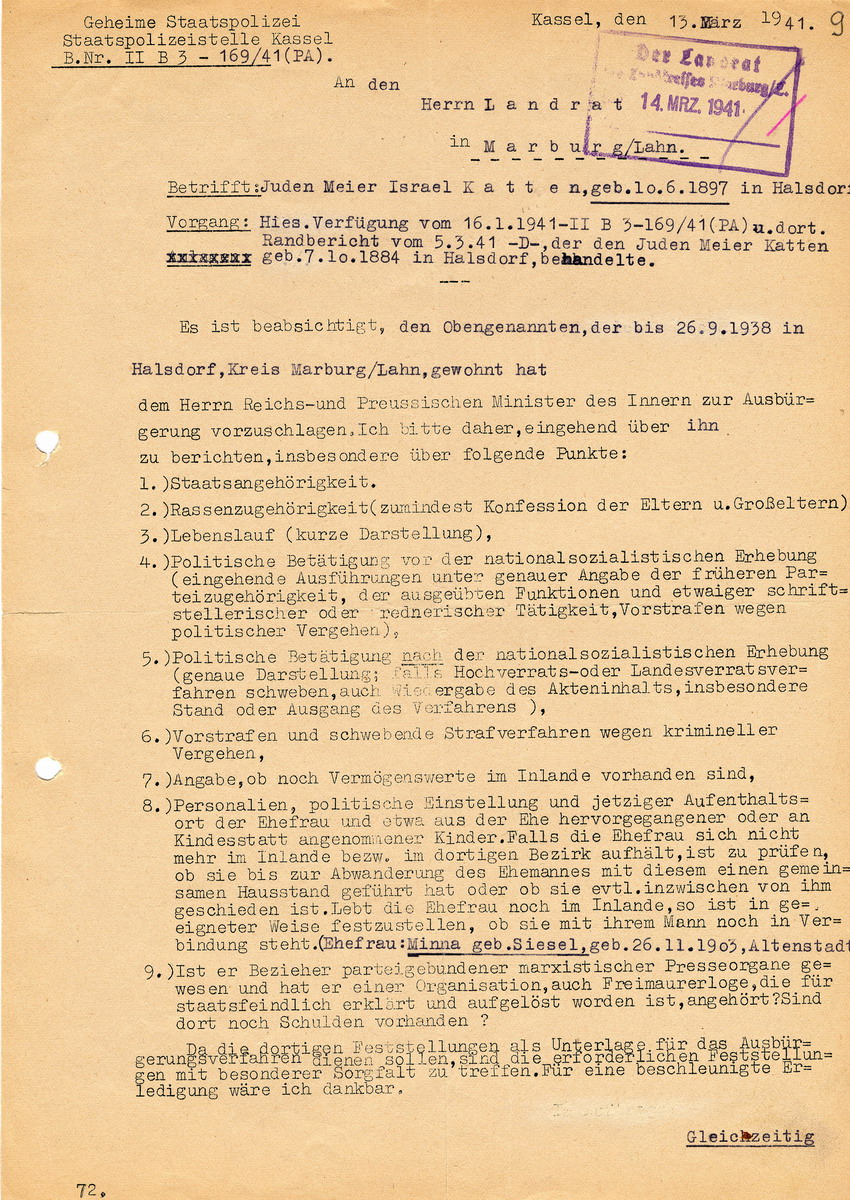 Staatspolizeistelle Kassel an den Landrat in Marburg. Persönliche Datenerfassung des jüdischen Viehhändlers Israel Meier Katten betreffend Ausbürgerungsverfahren. Kassel, 13. März 1941