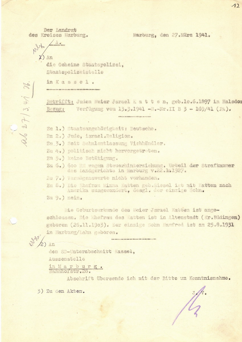 Staatspolizeistelle Kassel an den Landrat in Marburg. Persönliche Datenerfassung des jüdischen Viehhändlers Israel Meier Katten betreffend Ausbürgerungsverfahren. Kassel, 13. März 1941