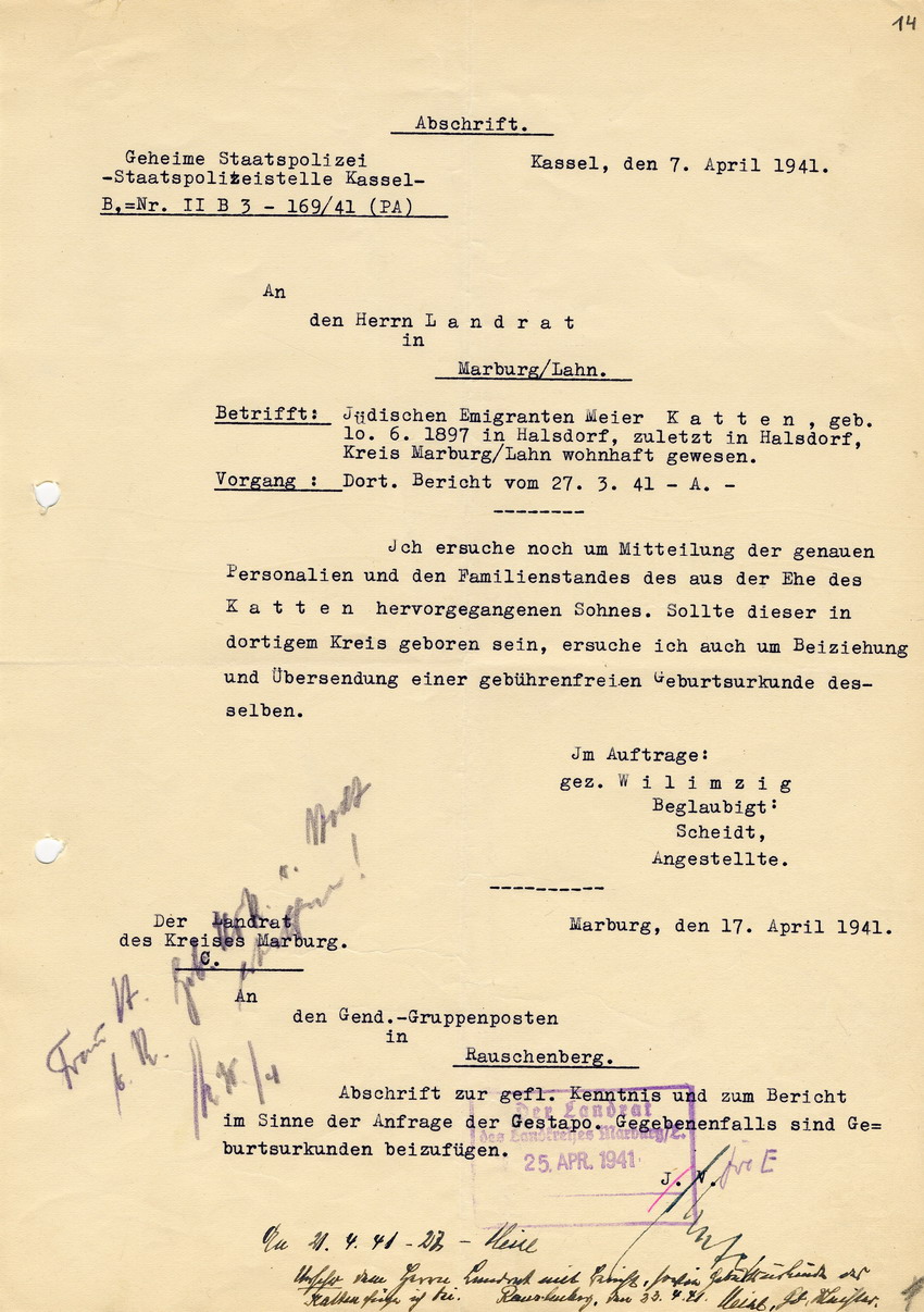 Staatspolizeistelle Kassel an den Landrat in Marburg. Persönliche Datenerfassung des jüdischen Viehhändlers Israel Meier Katten betreffend Ausbürgerungsverfahren. Kassel, 13. März 1941