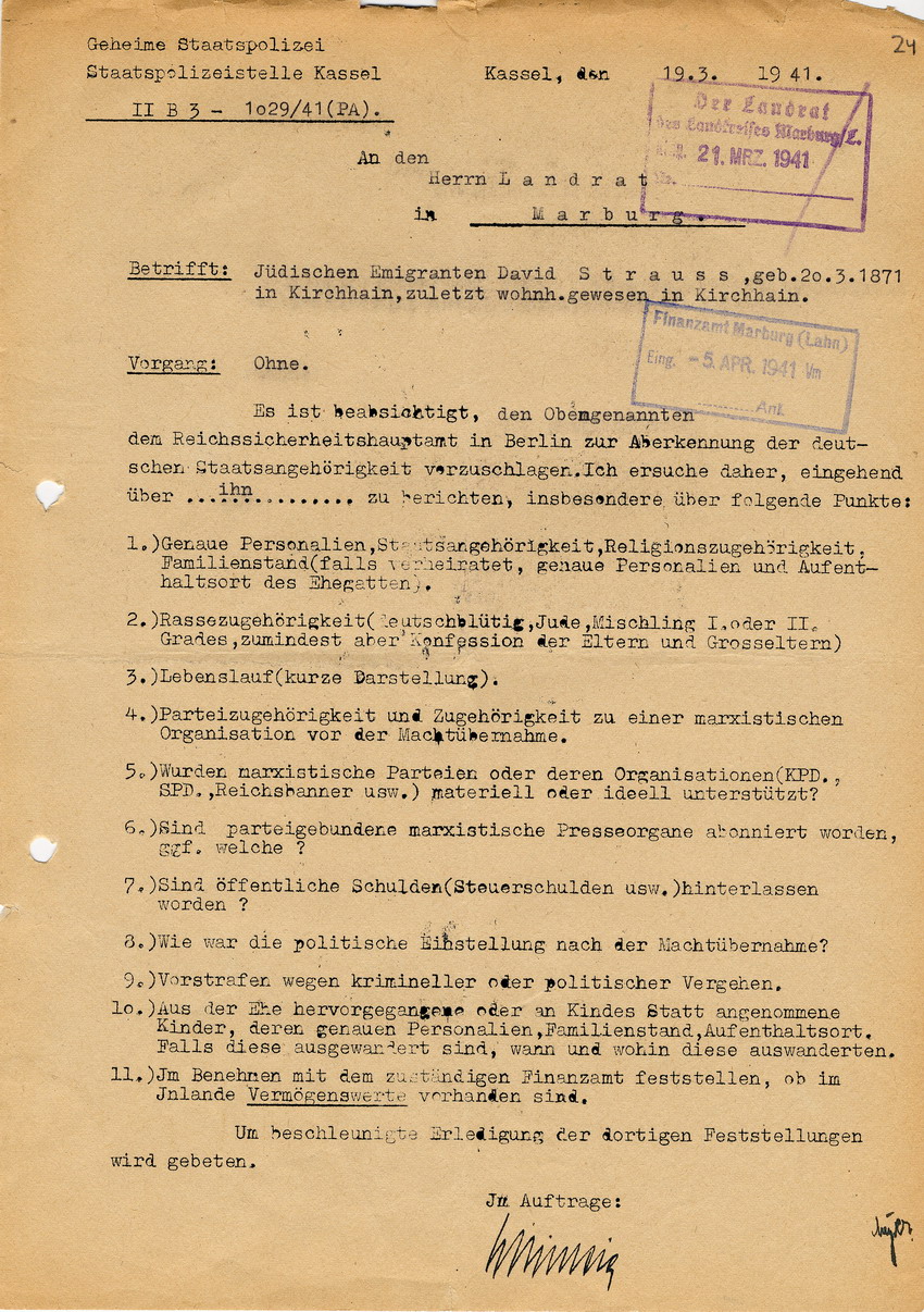 Staatspolizeistelle Kassel an den Landrat in Marburg. Persönliche Datenerfassung des jüdischen Emigranten David Strauss´ betreffend Aberkennung der deutschen Staatsangehörigkeit. Kassel, 19. März 1941