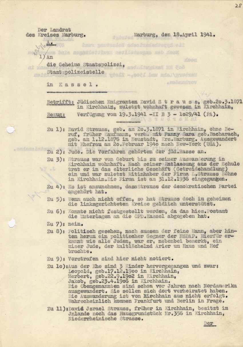 Staatspolizeistelle Kassel an den Landrat in Marburg. Persönliche Datenerfassung des jüdischen Emigranten David Strauss´ betreffend Aberkennung der deutschen Staatsangehörigkeit. Kassel, 19. März 1941