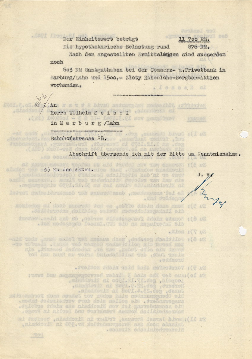 Staatspolizeistelle Kassel an den Landrat in Marburg. Persönliche Datenerfassung des jüdischen Emigranten David Strauss´ betreffend Aberkennung der deutschen Staatsangehörigkeit. Kassel, 19. März 1941